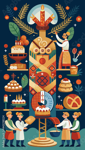 Two men are working together to create a large cake. The cake is decorated with flowers and other elements, and the men are focused on their task. Scene is one of collaboration and creativity