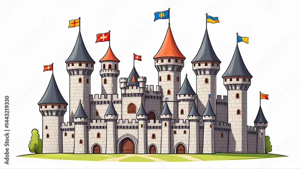 Majestic Medieval Castle with Flags and Tall Towers Majestic Medieval Castle with Flags and Tall Towers