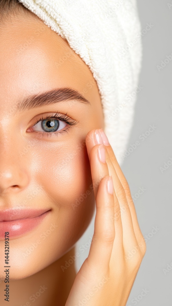 Self care routine wellness healthy skin. A woman with clear skin and a towel on her head gently touches her face, showcasing a fresh, healthy complexion. Self care routine wellness healthy skin. A woman with clear skin and a towel on her head gently touches her face, showcasing a fresh, healthy complexion.