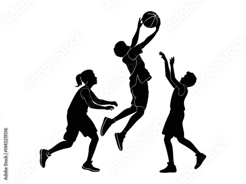 Silhouette of Children Playing Basketball, Dynamic silhouette of children playing basketball, showcasing various stages of the action. children, kids, boys, basketball, playing, sport, activity, jumpi