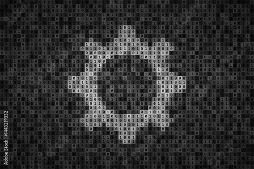 Gearwheel icon over binary code background, software settings concept