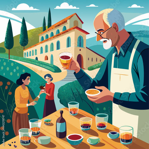 A man is standing in front of a house with a glass of wine in his hand. The scene is set in a vineyard, with a variety of wine glasses and cups on a table. The man is a sommelier