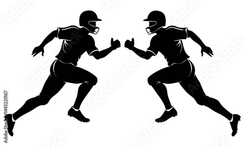 Two American Football Players in Silhouette, Running vector illustration black and white Towards Each design. American football, football, players, running, athletes, sport, competition, dynamic, silh