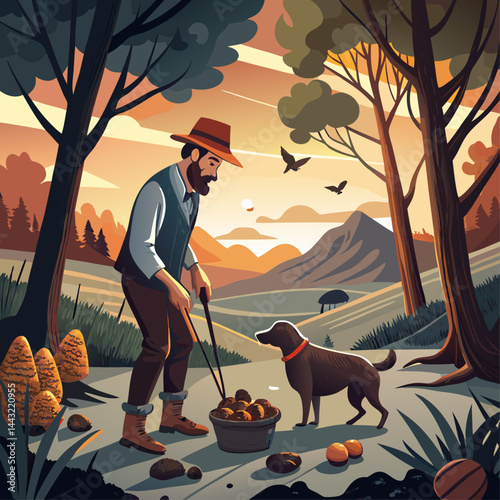A man is digging in the dirt with a shovel and a dog is watching him. The man is wearing a hat and boots