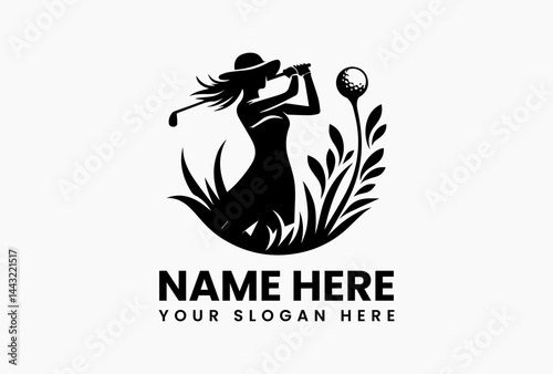 Abstract geometric woman golfer with angular club, modern logo for tech-driven training programs 