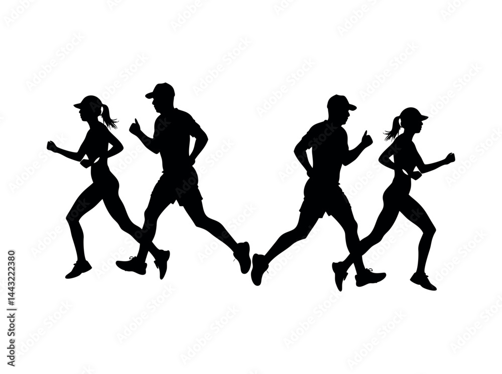 Running Silhouettes of Men and Women in Various Running set vector design Positions, A repeating pattern of black silhouettes of men and women running, pattern, sports apparel, activewear, active life Running Silhouettes of Men and Women in Various Running set vector design Positions, A repeating pattern of black silhouettes of men and women running, pattern, sports apparel, activewear, active life