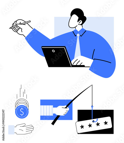 Professional at a laptop, hand catching coins, phishing with password theft, and data protection concepts. Ideal for cybersecurity, hacking awareness, digital wallets, fraud prevention, password