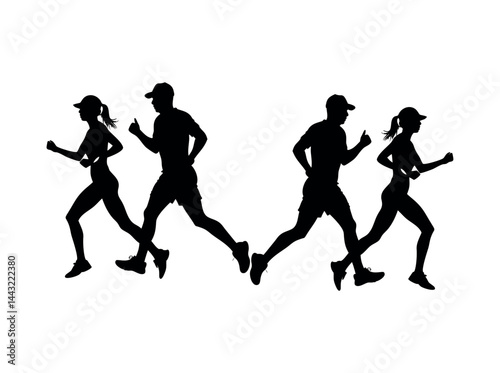 Running Silhouettes of Men and Women in Various Running set vector design Positions, A repeating pattern of black silhouettes of men and women running, pattern, sports apparel, activewear, active life