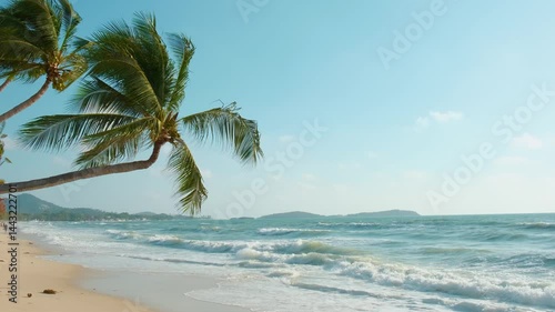Tropical beach with golden sand, turquoise waving water and leaning palm trees under bright blue sky on sunny day. Chaweng sandy beach on Koh Samui island, Thailand. Summer vacation destination photo