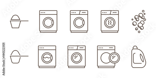 Set of washing machine linear icons isolated on transparent background. Editable stroke. Bubbles, liquid detergent, laundry detergent, washing steps. Icon of a laundry service. 