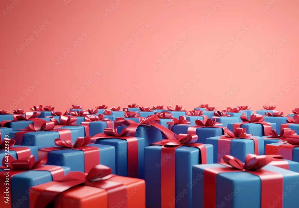 Obraz premium Many Red and Blue Gift Boxes with Ribbons on Coral Background