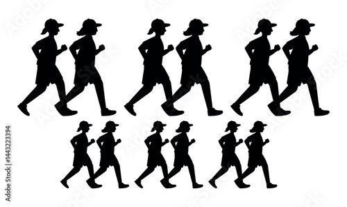 Running Silhouettes of Men and Women in Various Running Positions, fitness, sport, exercise, runners, marathon, triathlon, healthy lifestyle, running, vector black silhouettes of men and women running