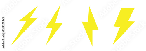 Lightning bolt icons set isolated on white background. Black flash symbol, thunderbolt vector illustration. Simple lightning strike sign