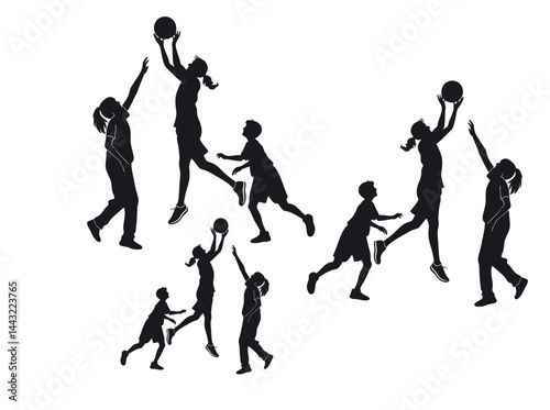Silhouette of Children Playing Basketball, sport dynamic vector silhouette image shows three children engaged in a basketball game.Children, Kids, Basketball, Sport, Players, Action, Jumping, Running,