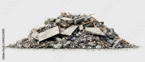 Concrete rubble pile on white background showcasing construction demolition debris and industrial waste for recycling and building material concept