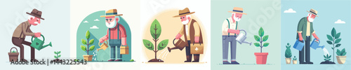 vector grandfather watering plants