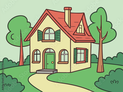 Cute Cartoon House Illustration with Green Trees and Path