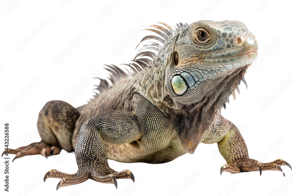 Obraz premium common green American iguana - Iguana iguana - is a large, arboreal, mostly herbivorous species of lizard Isolated on white background. PNG