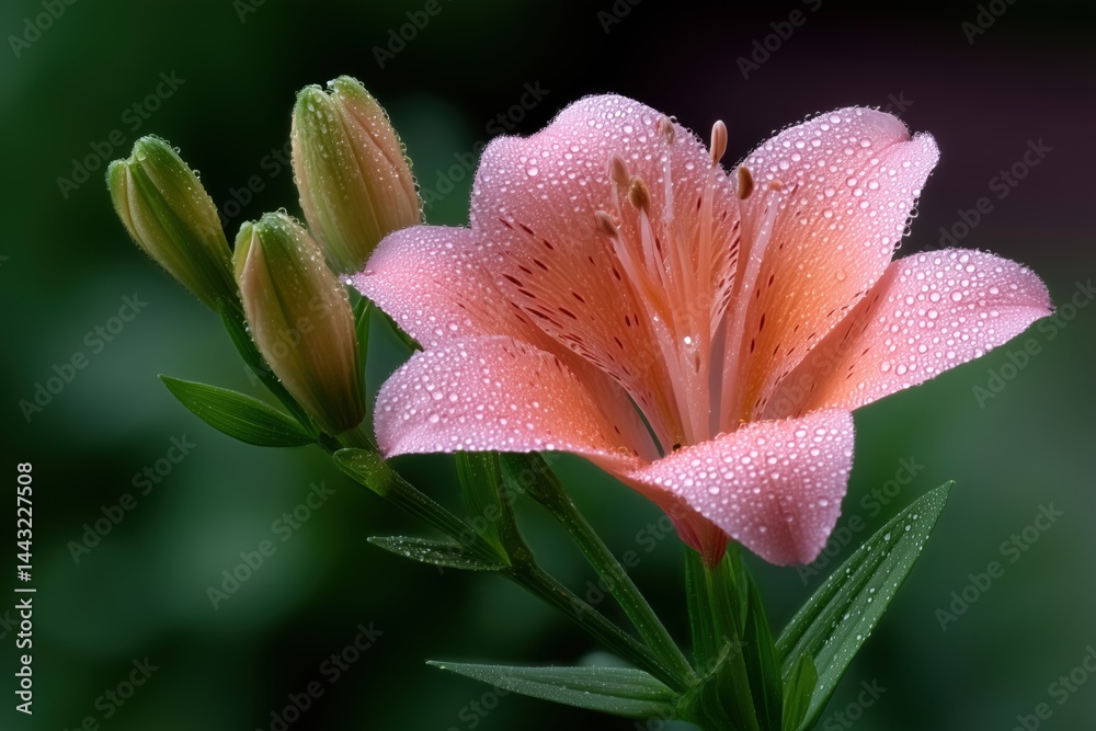 Fototapeta premium Close-up of a pink lily flower with water droplets on its petals and green buds, surrounded by lush green leaves in a natural garden setting, vibrant and fresh