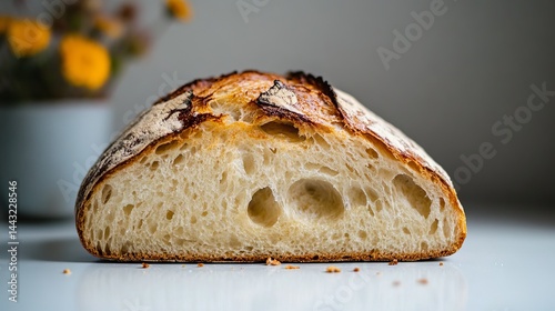 A piece of sourdough bread on a white background. It's made with yeast, rye, or wheat and looks handmade.
