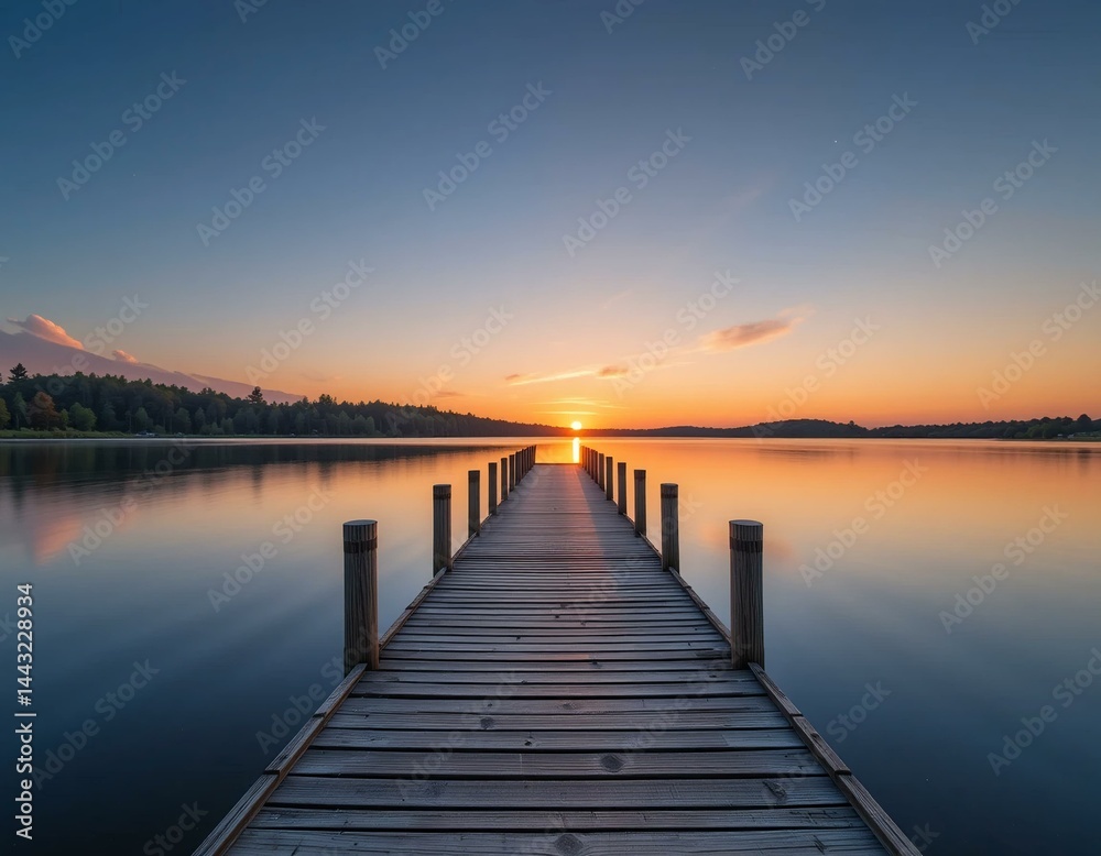 Wooden pier extending into calm lake at sunset. Wooden pier extending into calm lake at sunset.