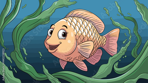Cheerful cartoon illustration of a fish smiling while swimming through vibrant seaweed. Perfect for children’s educational materials and designs.