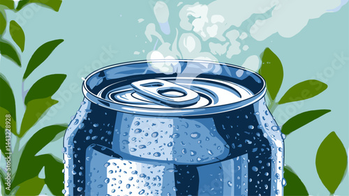 A vibrant illustration of a cold, dew-covered soft drink can with condensation, set against a soft blue background and green leaves, perfect for environmental or beverage-themed visuals.