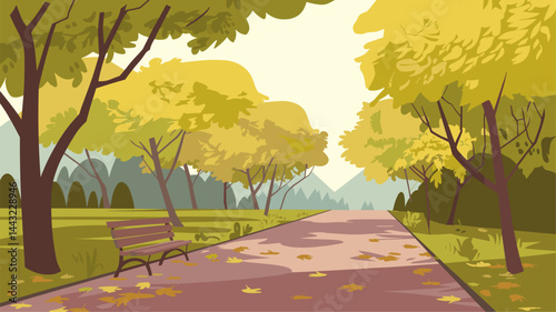 A serene and inviting illustration of a park pathway lined with golden autumn trees. A wooden bench adds to the peaceful ambiance, making it perfect for relaxation and observation.