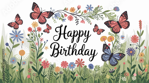 A vibrant illustration featuring butterflies and a variety of flowers, adorned with the text 'Happy Birthday.' Perfect for birthday celebrations and invitations.