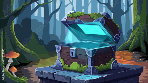 Explore the enchanting beauty of a mystical forest with an open treasure chest, adorned with moss and detailed metal accents, surrounded by lush greenery and whimsical mushrooms.