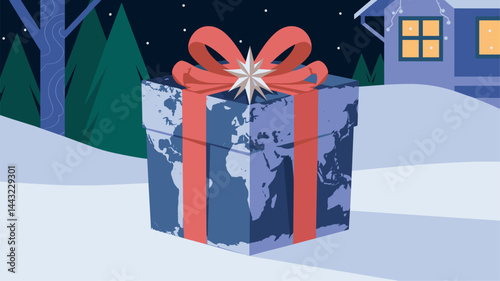A beautifully illustrated gift box featuring a world map design, tied with a red ribbon. Set against a serene winter landscape with snow, trees, and a cozy house. Perfect for holiday themes.