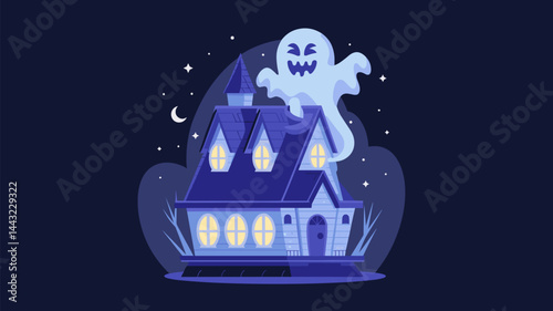 A charming vector illustration of a haunted house with a playful ghost hovering above. Ideal for Halloween-themed projects, party invitations, or seasonal decor.