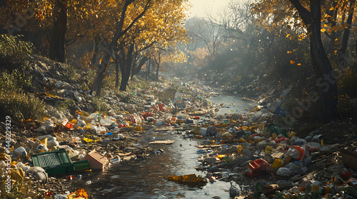 Polluted Stream: A heartbreaking scene unfolds as a stream, once a vibrant haven, becomes choked with waste. The once pristine environment, is now tarnished by a vast array of discarded refuse.
