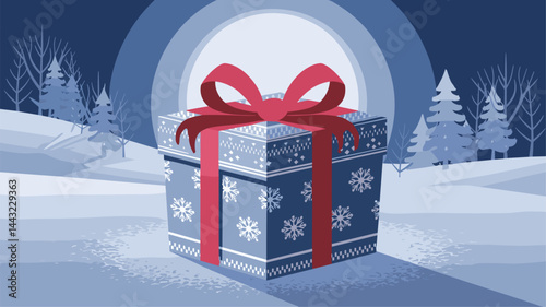 A beautifully designed blue gift box adorned with a red ribbon and snowflake patterns, set against a serene winter landscape with softly lit trees.