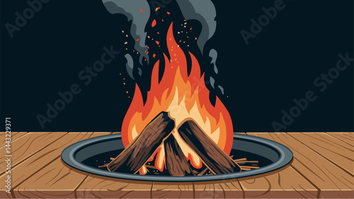 A captivating illustration of a bright campfire featuring logs burning within a circular metal fire pit. The flames dance upward, surrounded by swirling smoke against a dark background, idea...