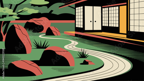 A serene illustration of a Japanese garden featuring smooth stones, lush greenery, and a modern architectural structure. Perfect for design, nature, or cultural themes.