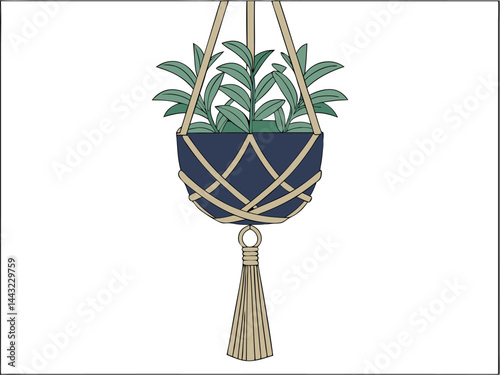 Hanging Macrame Plant Holder with Green Plant Illustration