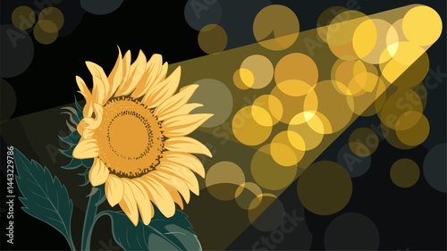This vibrant vector illustration features a sunflower illuminated by a dramatic spotlight, set against a dark background with a captivating bokeh effect. Perfect for floral themes!