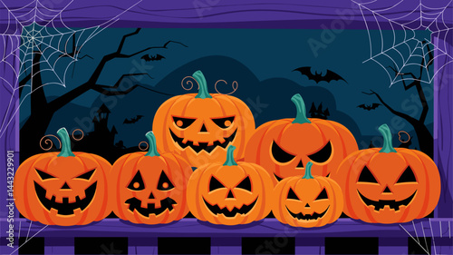 This vibrant illustration features a variety of jack-o'-lanterns with different facial expressions set against a dark, eerie backdrop filled with bats and spiderwebs. Perfect for Halloween-t...