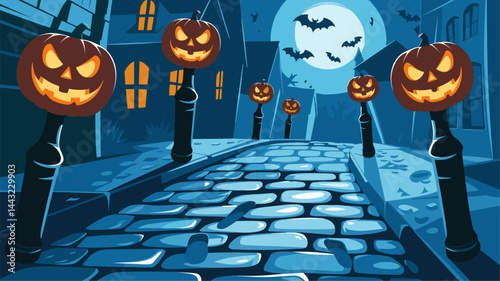 A mysterious Halloween scene featuring glowing Jack-o'-lanterns on street lamps, a cobblestone path, and bats flying through a moonlit sky. Perfect for Halloween-themed designs.