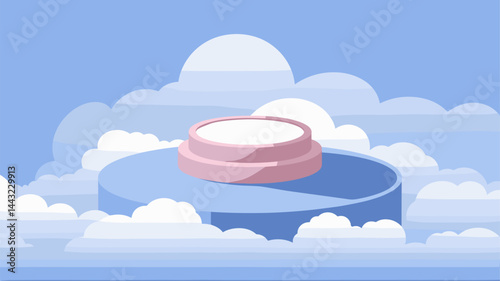 A minimalist vector illustration showcasing a cosmetic jar floating amidst fluffy clouds against a serene blue sky, ideal for beauty and skincare branding.