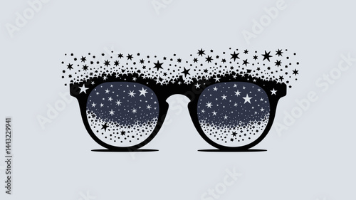 A vector illustration of stylish sunglasses filled with a starry universe. Perfect for creative and artistic projects, conveying imagination and wonder.