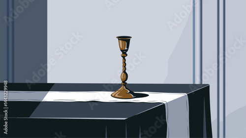 A stylish candle holder placed on a dark tablecloth, featuring a minimalist and sophisticated interior background. Ideal for ambiance and decor themes.