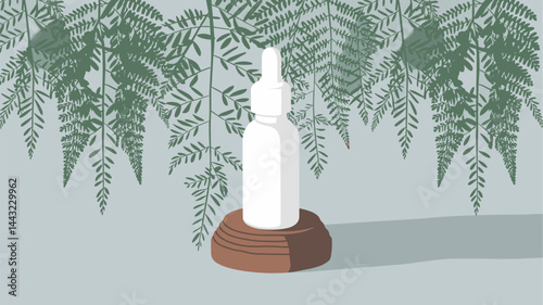 A serene and minimalist illustration of a glass dropper bottle placed on a wooden pedestal, surrounded by lush fern leaves. Ideal for cosmetic and wellness themes.