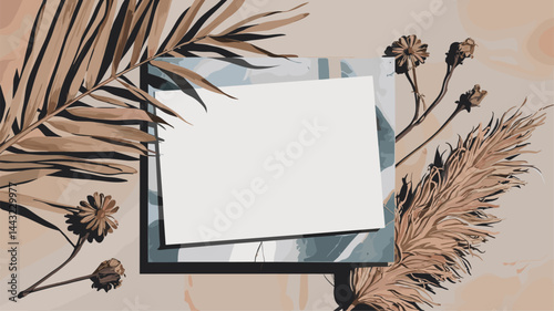 A stylish vector design featuring a blank frame surrounded by abstract shapes and dried botanical elements. Perfect for invitations and social media posts.