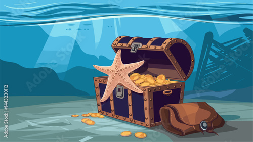 Explore the depths of the ocean with this vibrant vector illustration of a treasure chest brimming with coins, accompanied by a starfish. Perfect for adventure themes!