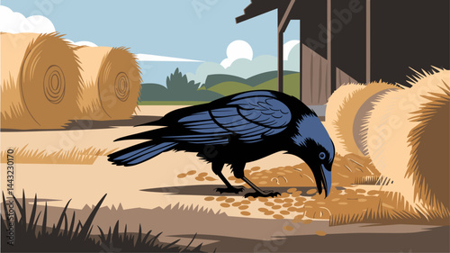 A detailed vector image depicting a crow pecking at seeds on a farm, surrounded by hay bales under a clear sky. Ideal for nature or agricultural themes.