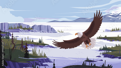 A stunning vector illustration of a majestic eagle soaring above a tranquil landscape, with lush greenery, mountains, and a calm body of water in the background.