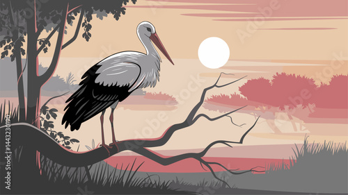 A beautifully illustrated stork perched on a branch against a vibrant sunset. The scene captures tranquil nature with trees and subtle animal silhouettes in the background.