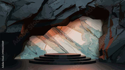 A digitally created abstract illustration of a rocky cave interior featuring a circular platform and soft, warm lighting illuminating the textures of the rocks.